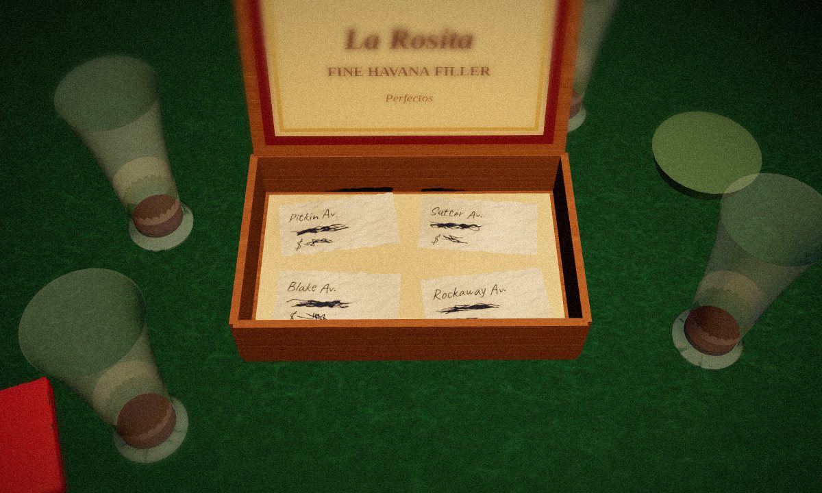 Cigar box on the card table in the escape room