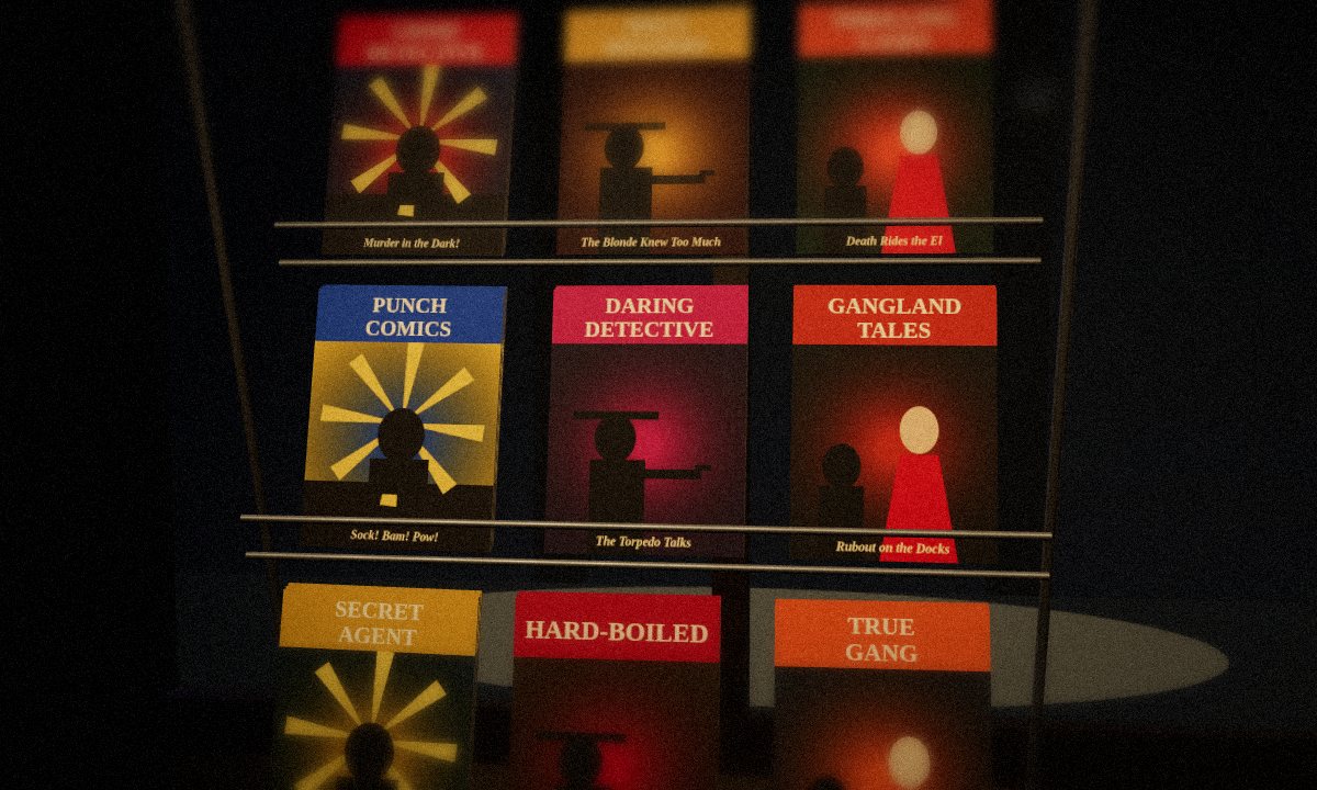 The comic-book rack in the escape room